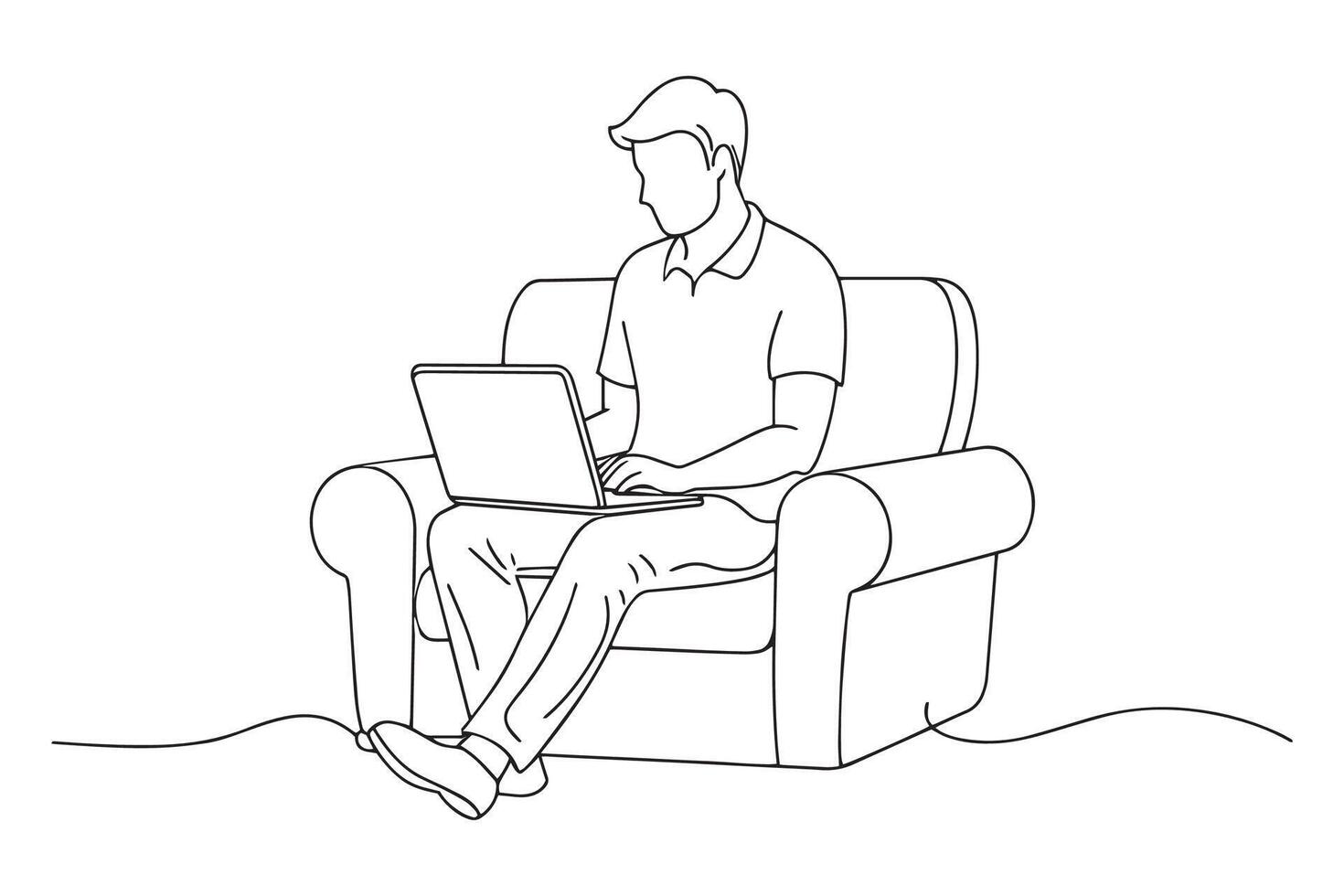 Freelancer male working at home with laptop computer on cozy sofa Continuous line art illustration on white background. vector