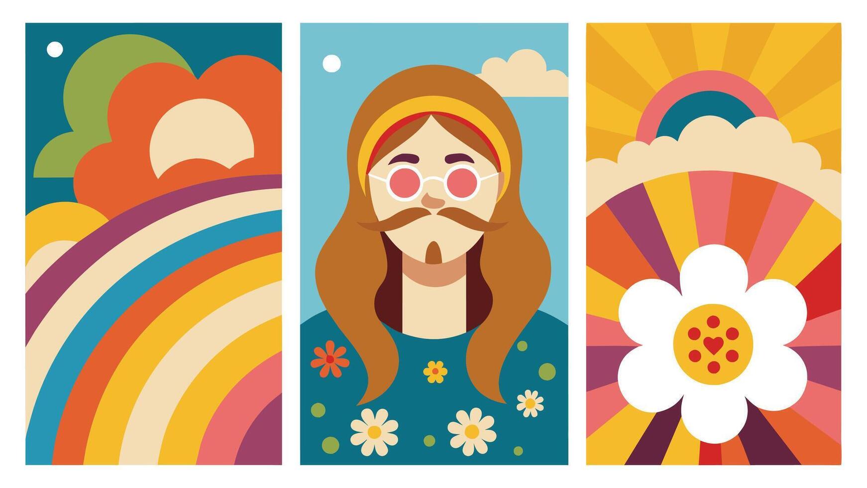 Retro hippie psychedelic character with groovy landscape. Cute crazy flowers rainbows daisy elements. Design template concept set vector