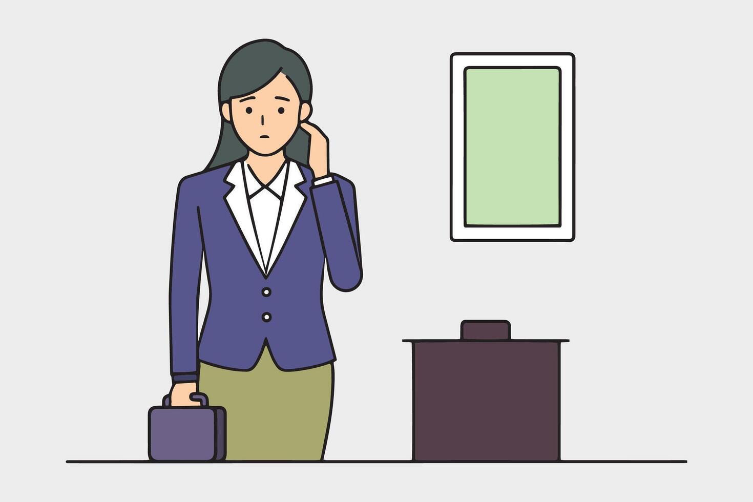 Businesswoman feeling tired and with low power battery icon line with illustration on white background vector