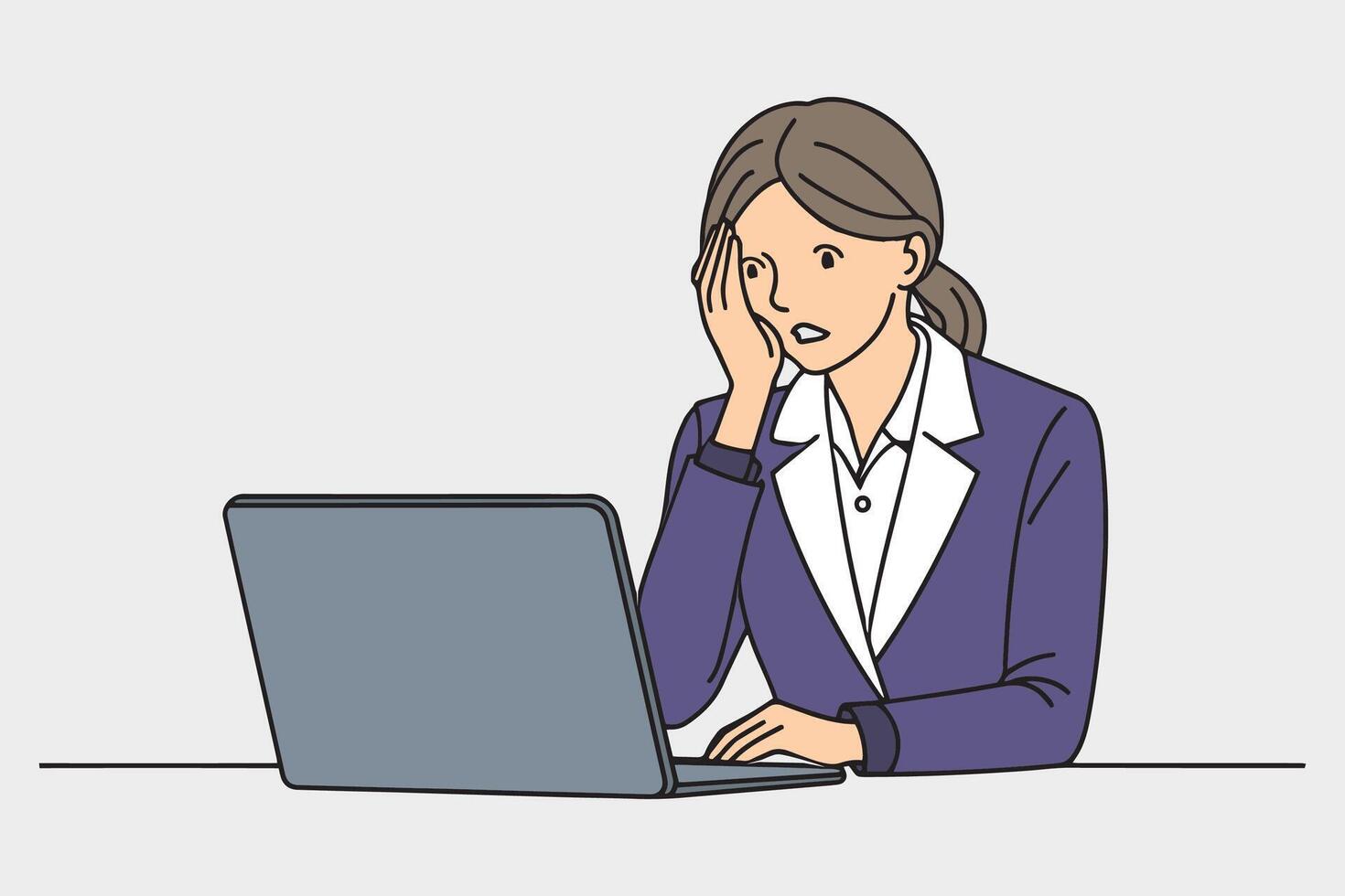 Business woman using laptop experiencing stress after making mistake line with illustration on white background. vector