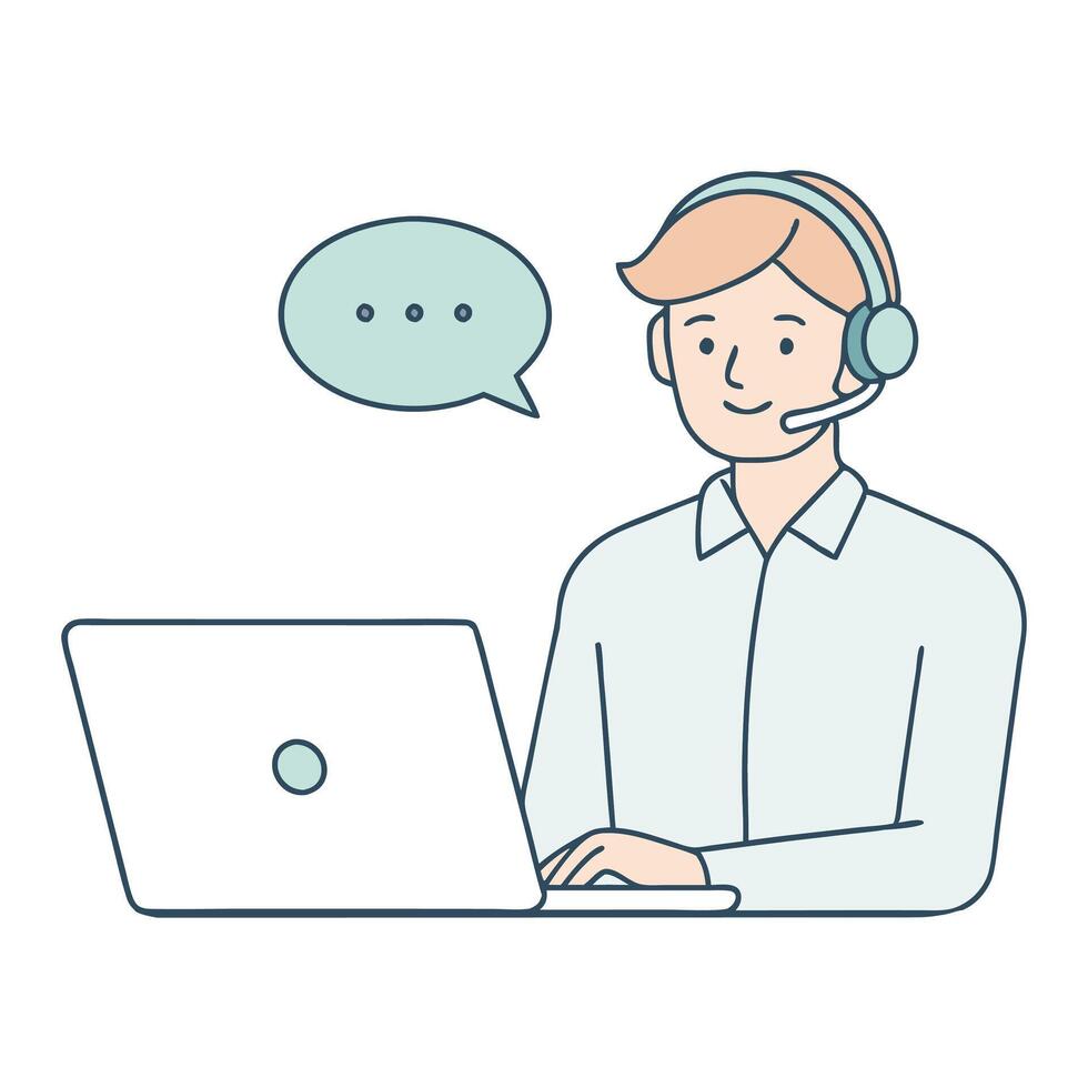 Customer service using laptop with speech bubble to communication flat illustration on white background vector