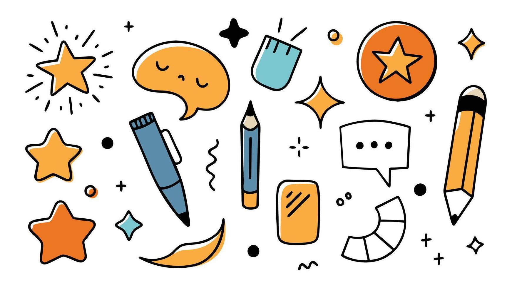 Pen design elements. Doodle simple brush stickers. Hand drawn speech bubble decorative signs emotion effects icon. Stars arrow sparkle line shape. set. vector