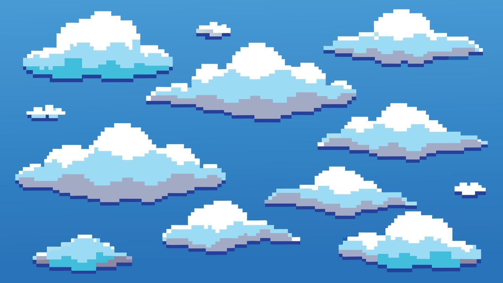 Pixel cloud. Game animation 8bit sky digital cloudy retro scene flying white computer clouds on blue sky 16 bit gamification concept pixels elements. set. vector