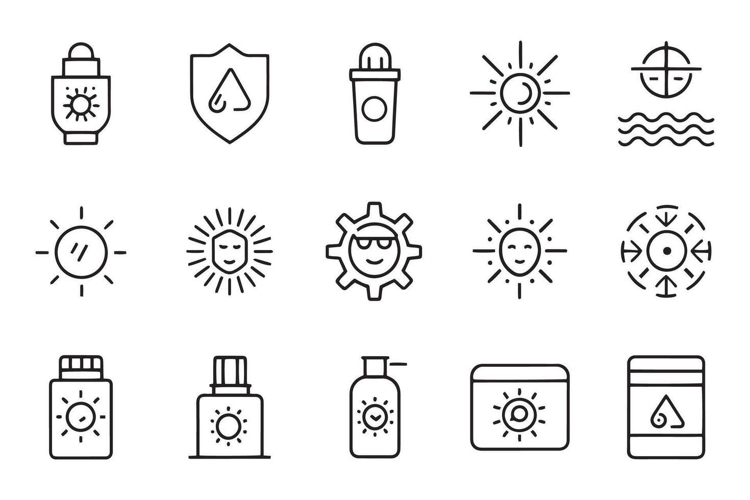 Sunscreen, SPF, solar UV protection related , editable stroke outline icons set illustration on white background vector