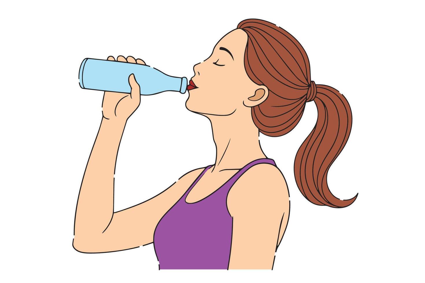 Woman drinking water with bottle, line with flat illustration. vector
