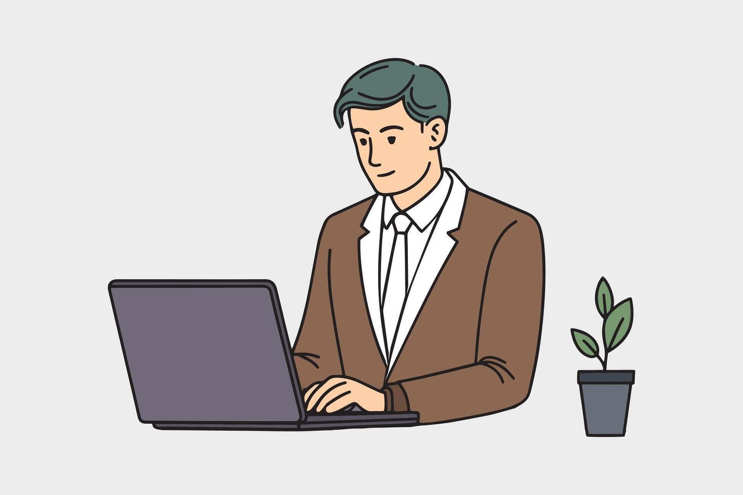 Young Businessman Using Laptop At Workplace line with illustration on white background. vector