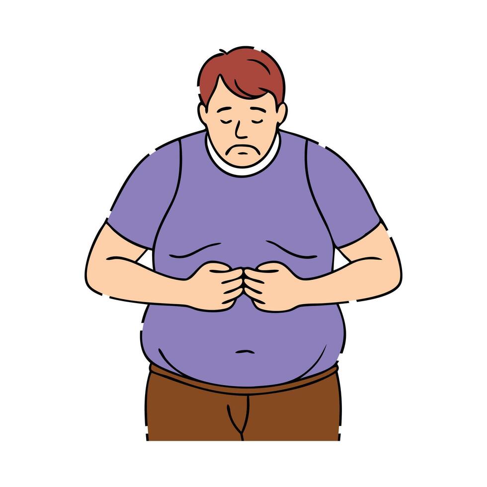 Man worried about belly fat, flat illustration on white background. vector