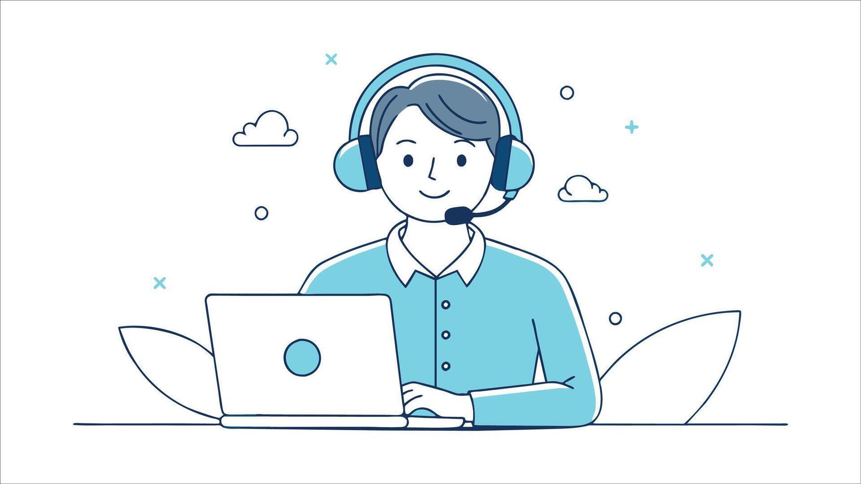 Online technical support team. Call center. Customer service hotline operator with headset. illustration. Doodle simple brush Drawing . vector