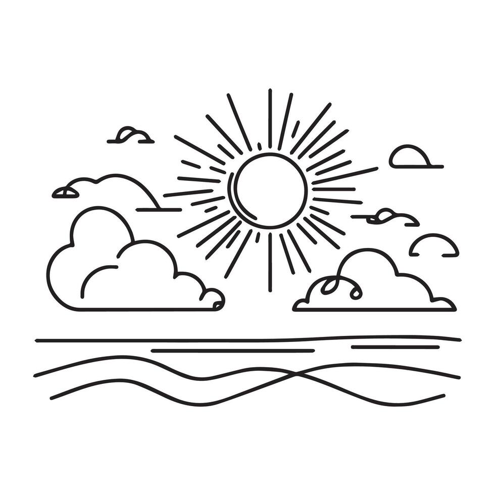 Sun and clouds in the sky. Continuous line art drawing style. Sunny weather minimalist black linear design isolated on white background. illustrati vector