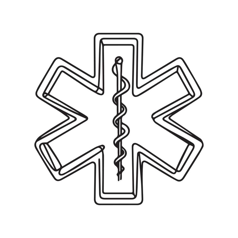 Star of Life medical sign in continuous line art drawing style. Emergency medical services symbol black outline isolated on white background. illus vector