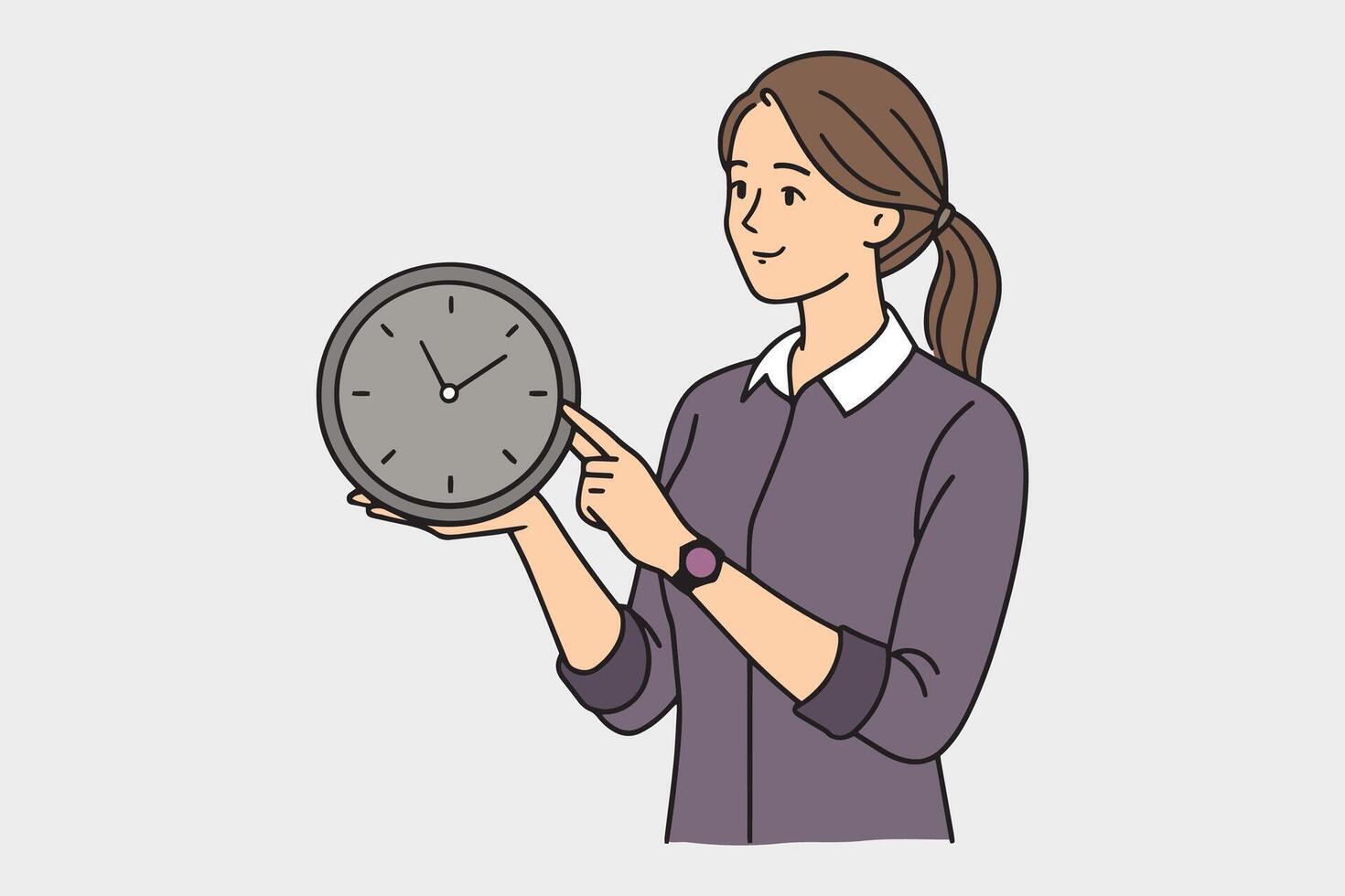 Young smart woman hand on clock line with illustration on white background. vector