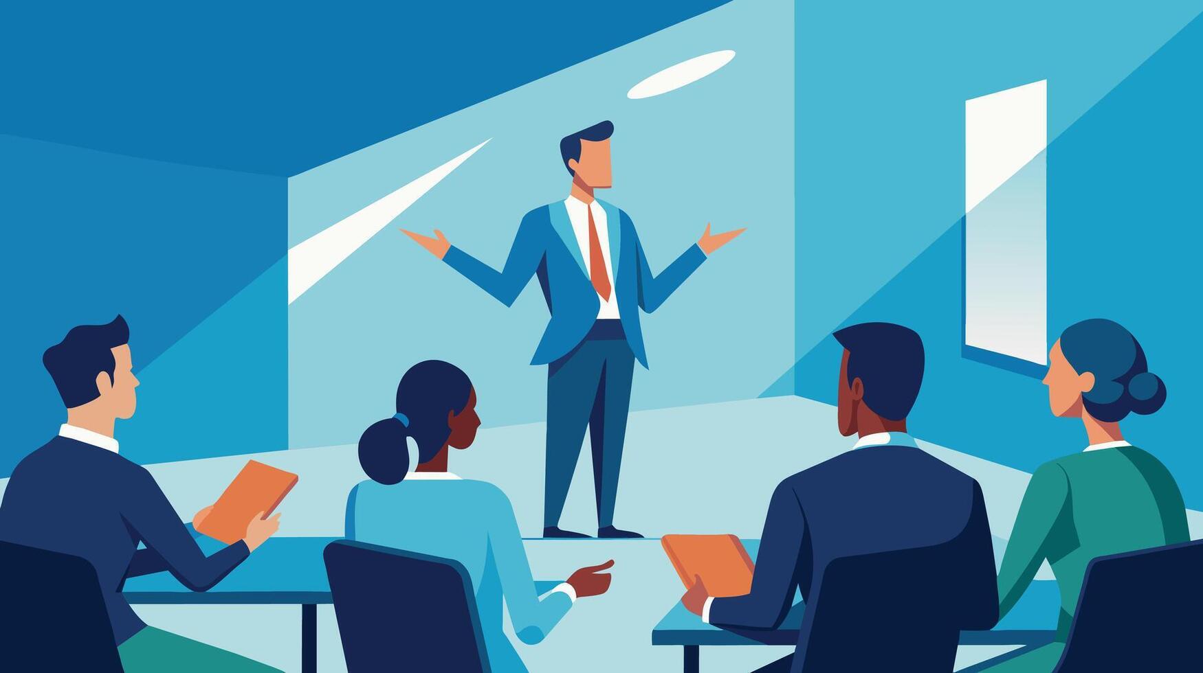 Education presentation meeting illustration. The business team listens to the teacher flat illustration vector