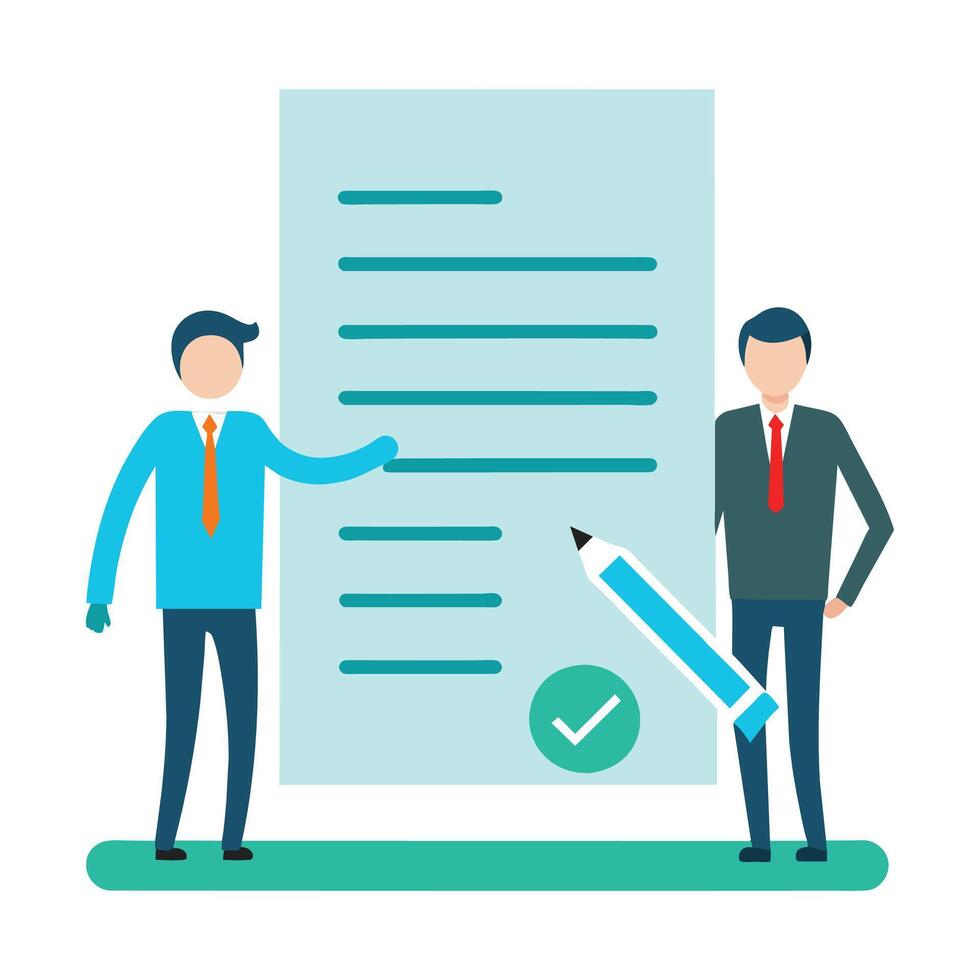 Agreement. Contract. Business people standing on a signed contract. Concept business illustration on white backgroun vector