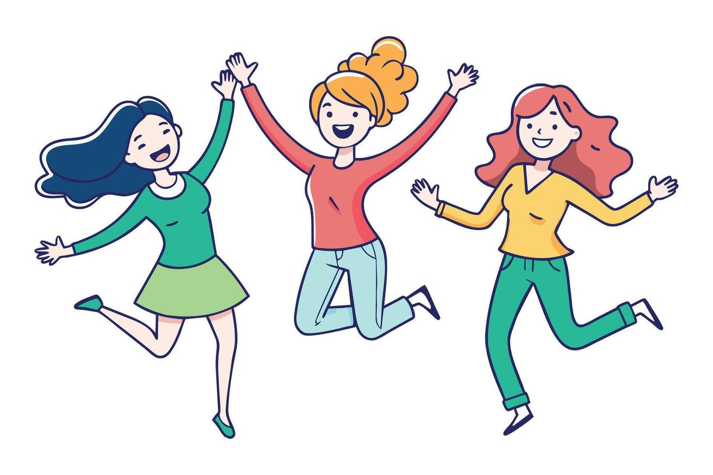 Women jumping with smiles doodle colorful line illustration on white background vector