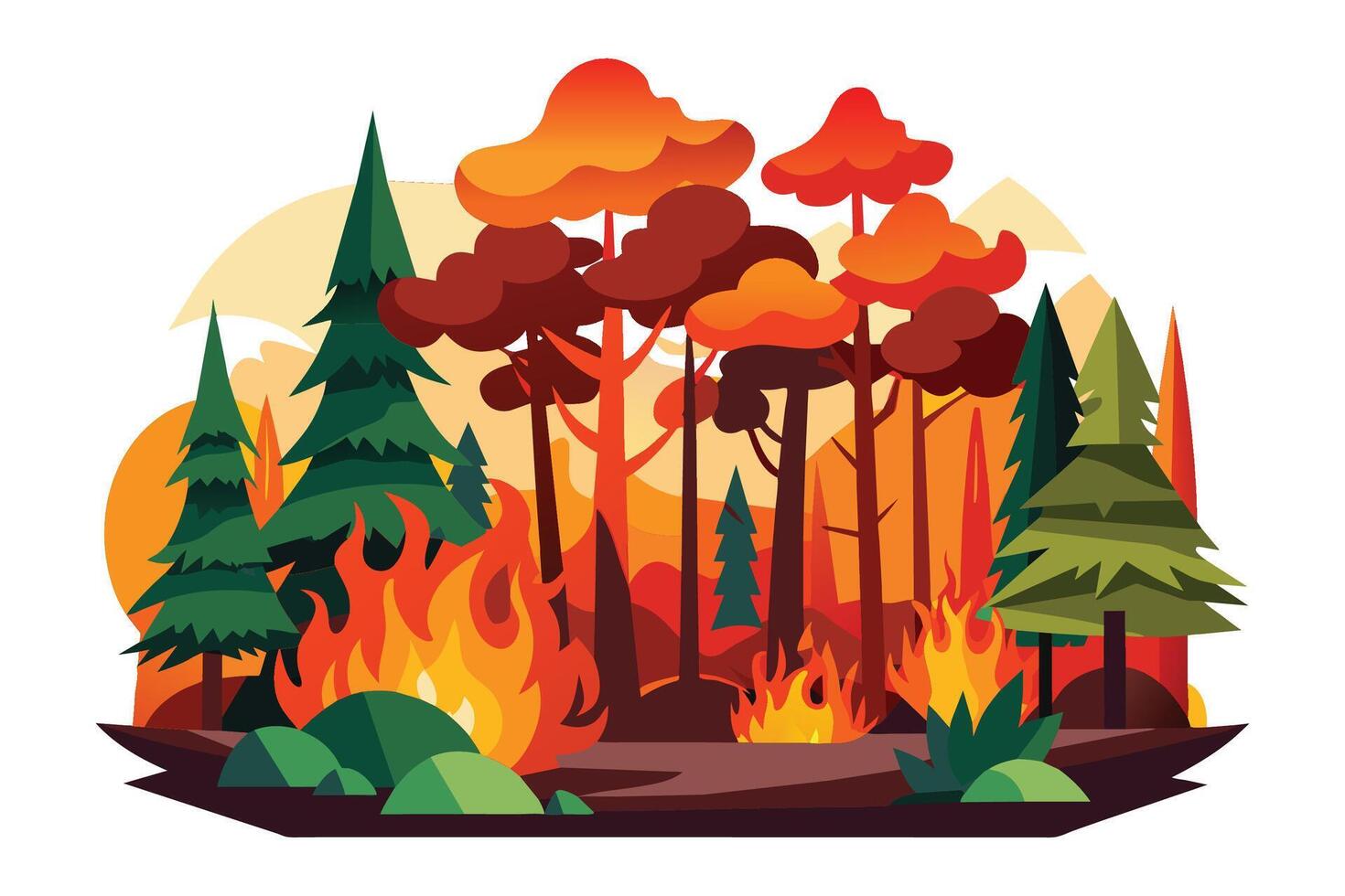 Fire on forest flat illustration on white background. vector