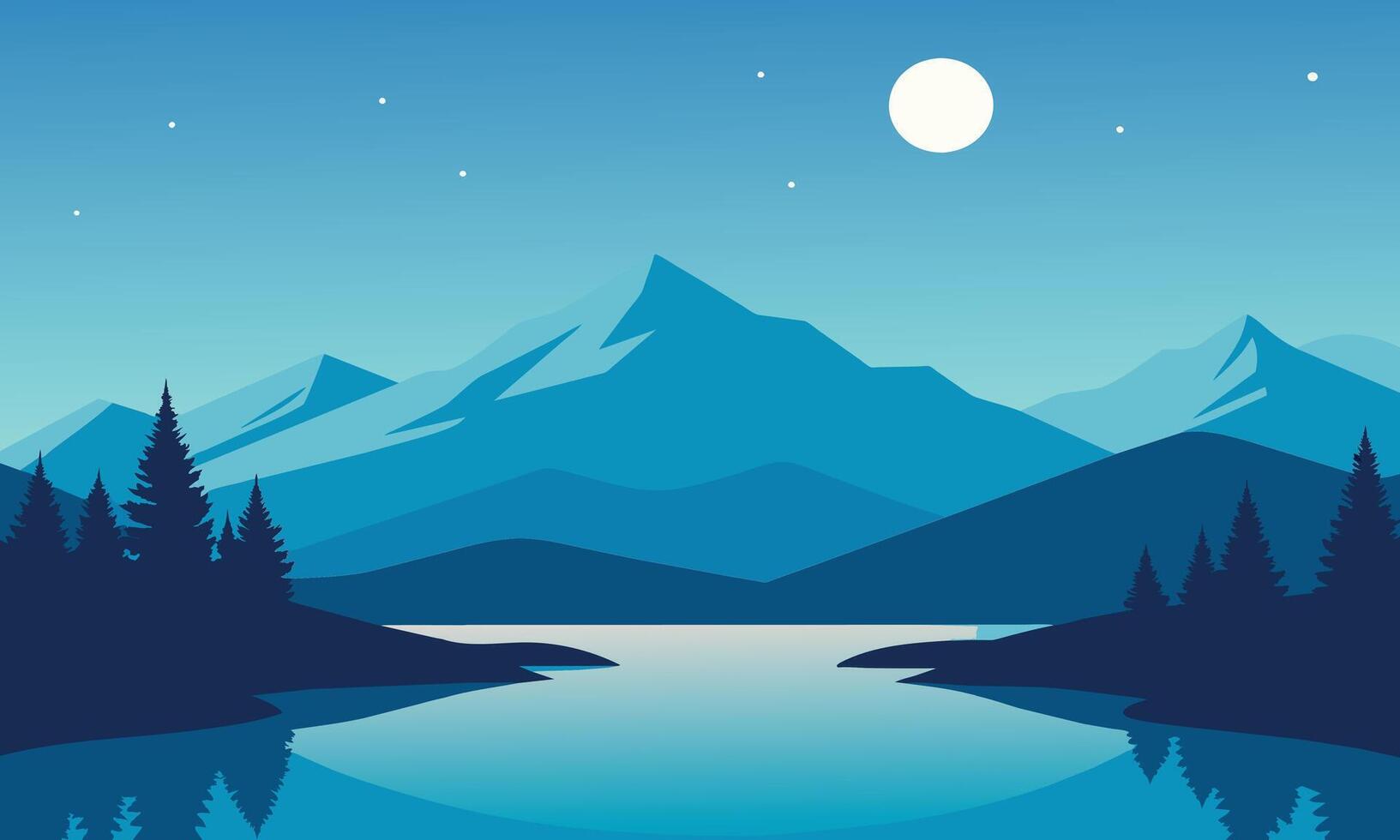 Flat style abstract minimalistic aesthetic mountains landscape background Blue color shades illustration background vector