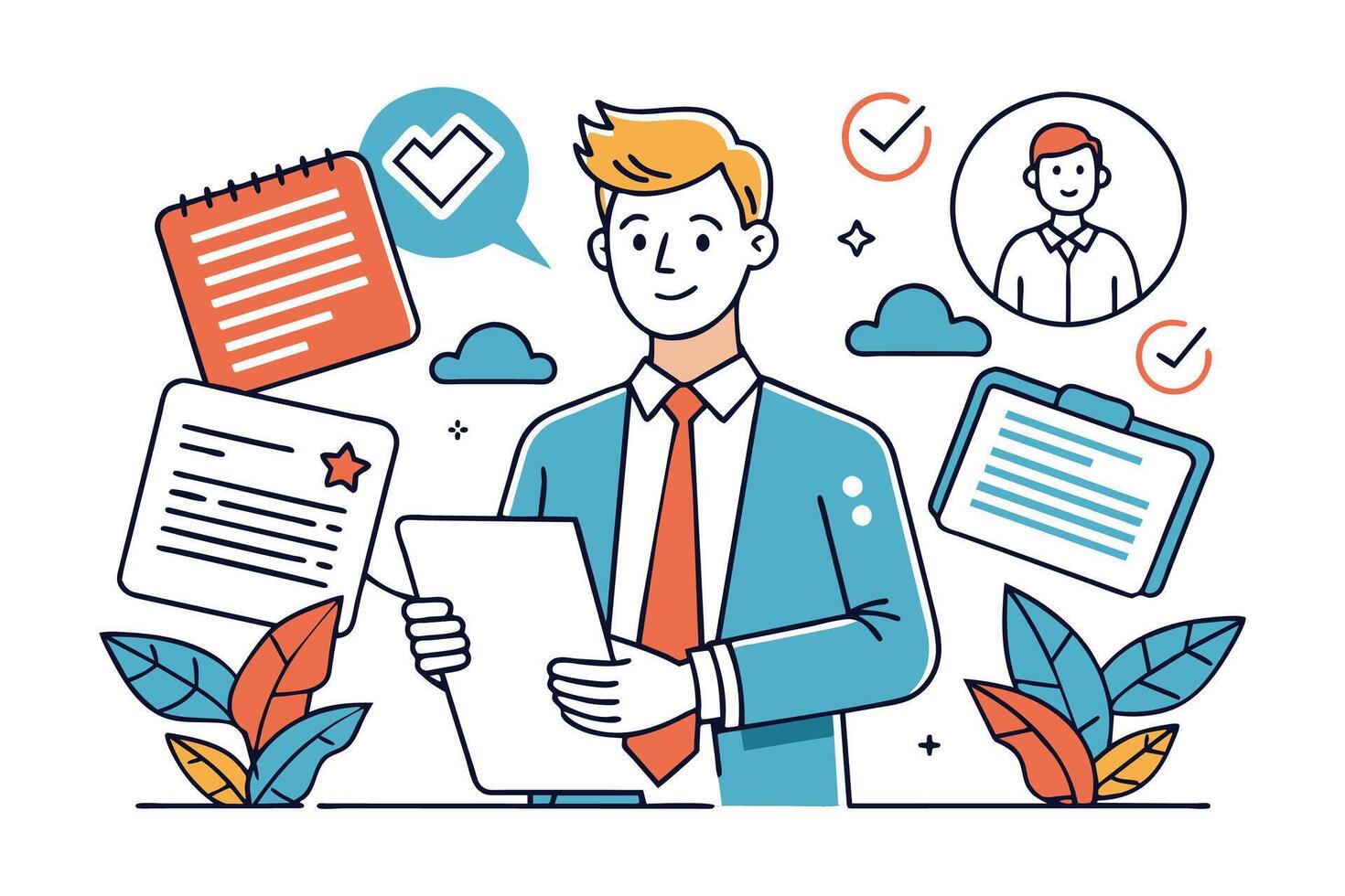 Business person stand in charge of recruitment screening documents colorful doodle line art illustration on white background. vector
