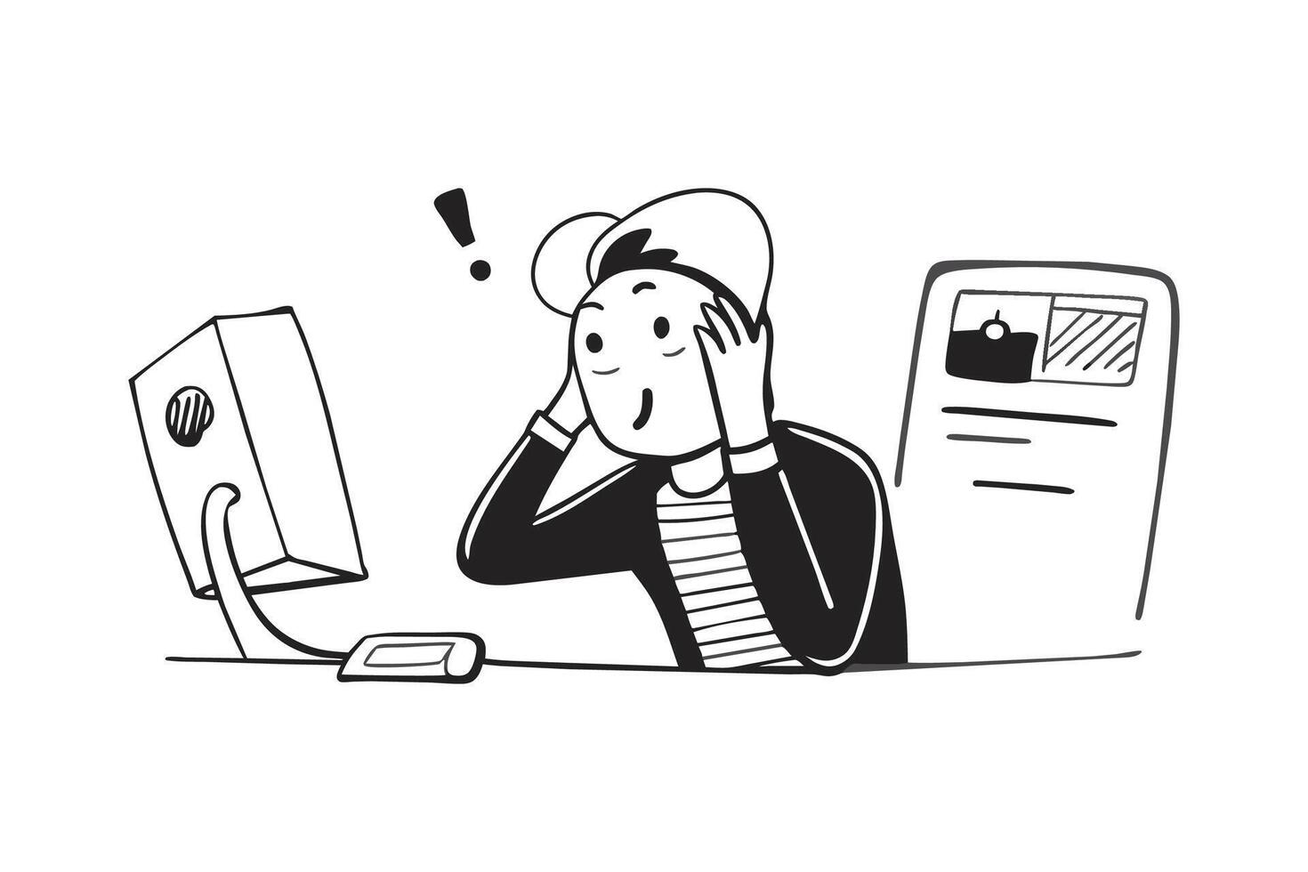 A businessman holding his head while looking at a computer Doodle line art illustration on white background. vector