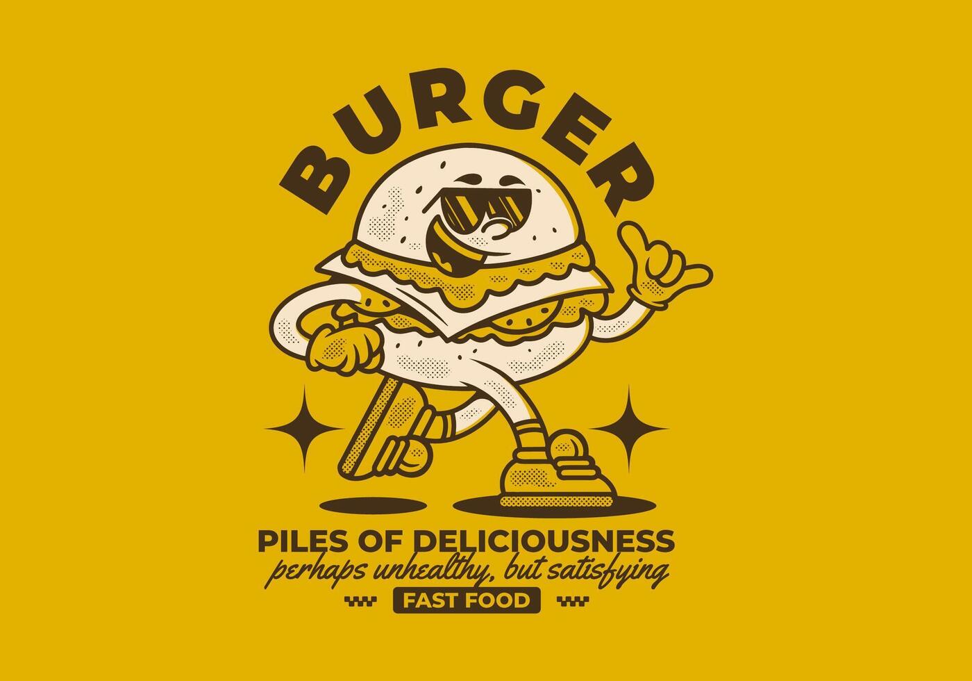 Burger, pile of deliciousness. Retro mascot character illustration of burger in running pose vector