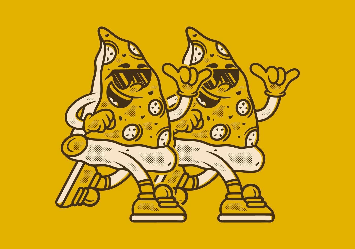 Retro pizza mascot character illustration in running pose vector