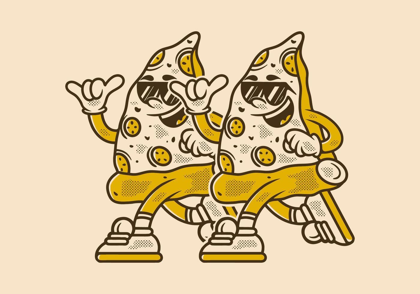 Retro pizza mascot character illustration in running pose vector