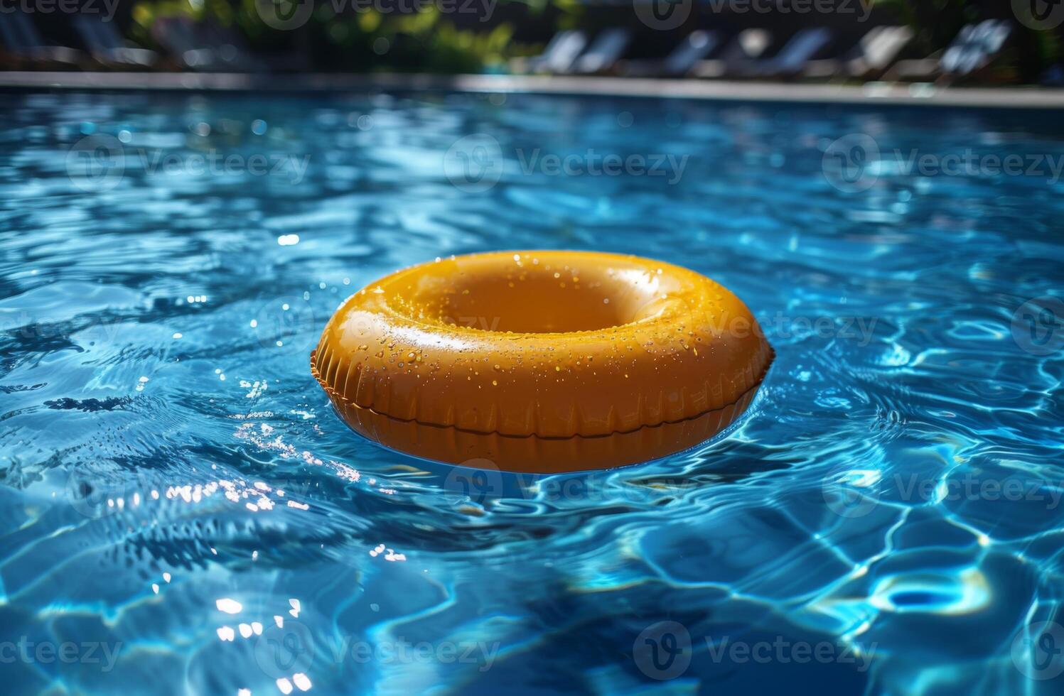 Yellow inflatable ring floating on clear blue pool water under bright sunlight. Summer relaxation photo