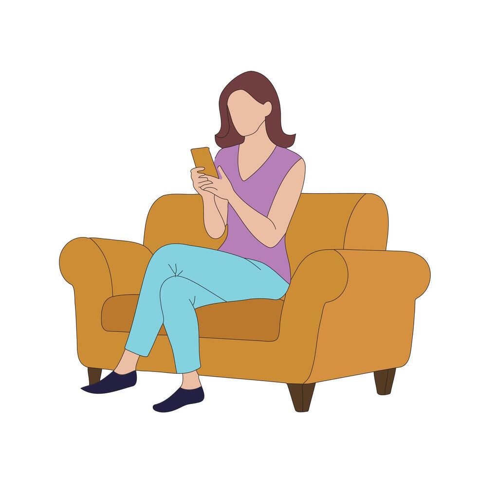Woman sitting on a couch, looking at her phone Flat illustration on white background vector
