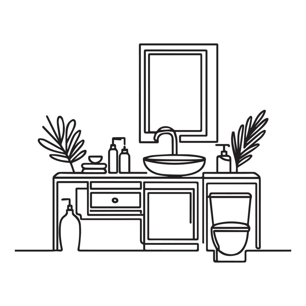 Modern bathroom interior with wash basin and mirror in continuous line art drawing style. Toilet room furniture black linear sketch isolated on white back. vector