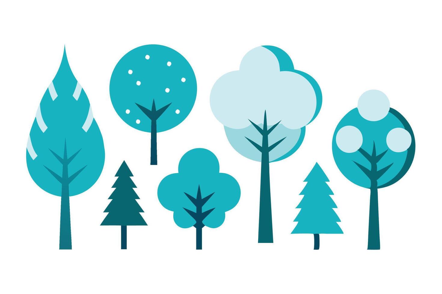Winter trees snow covered crowns flat set illustration vector