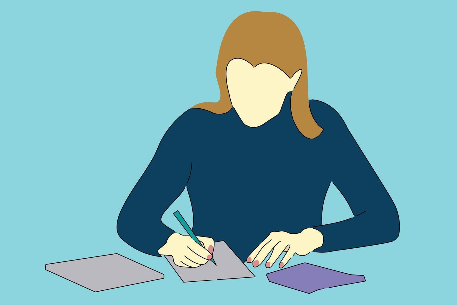 woman calculating with a calculator and taking notes, flat illustration. vector