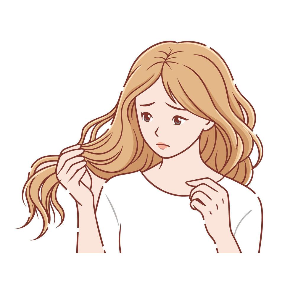 Sad girl looking at her damaged hair. flat illustration on white backgrounde vector