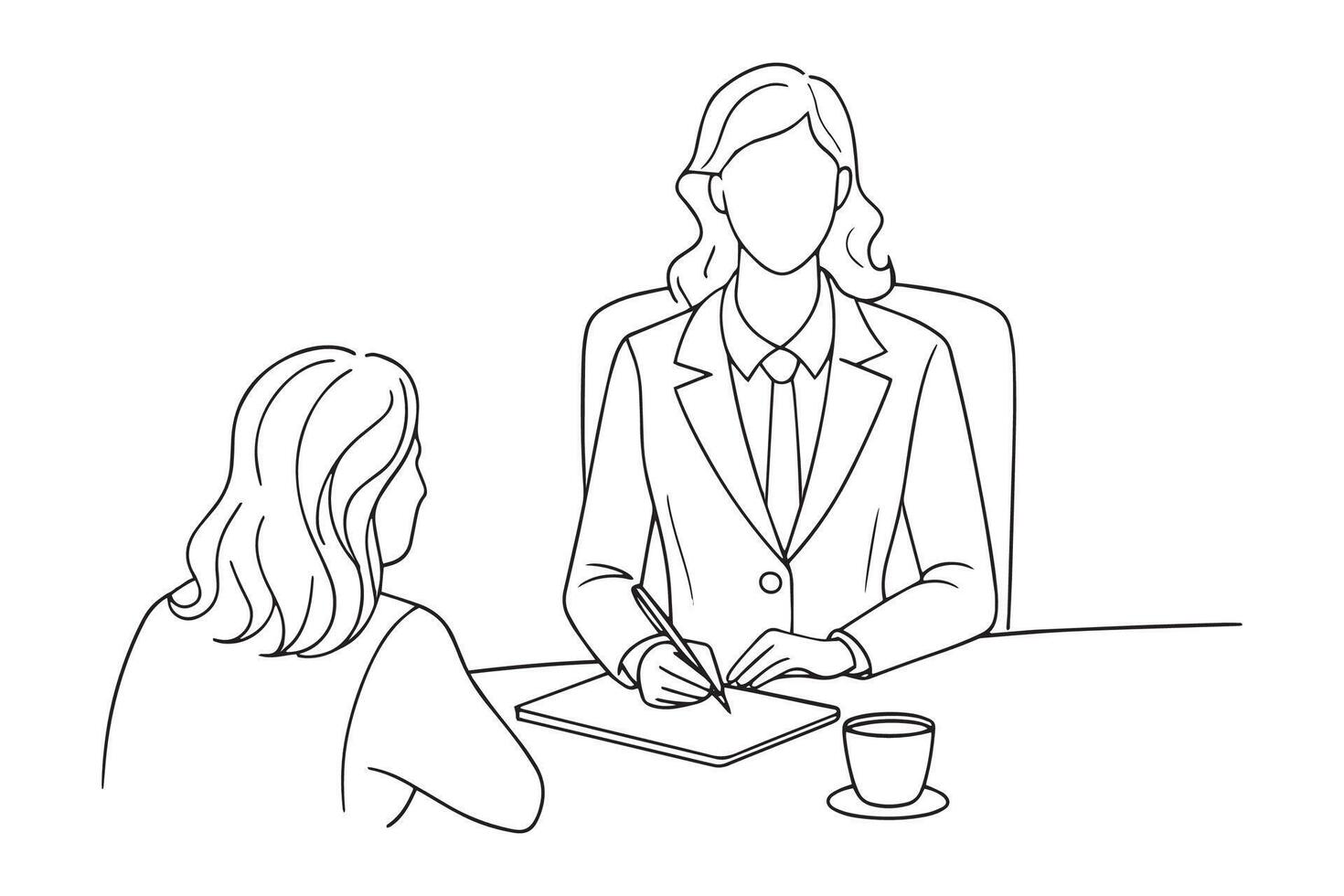 woman in business attire sitting across from an interviewer at a job interview continuous line art vector