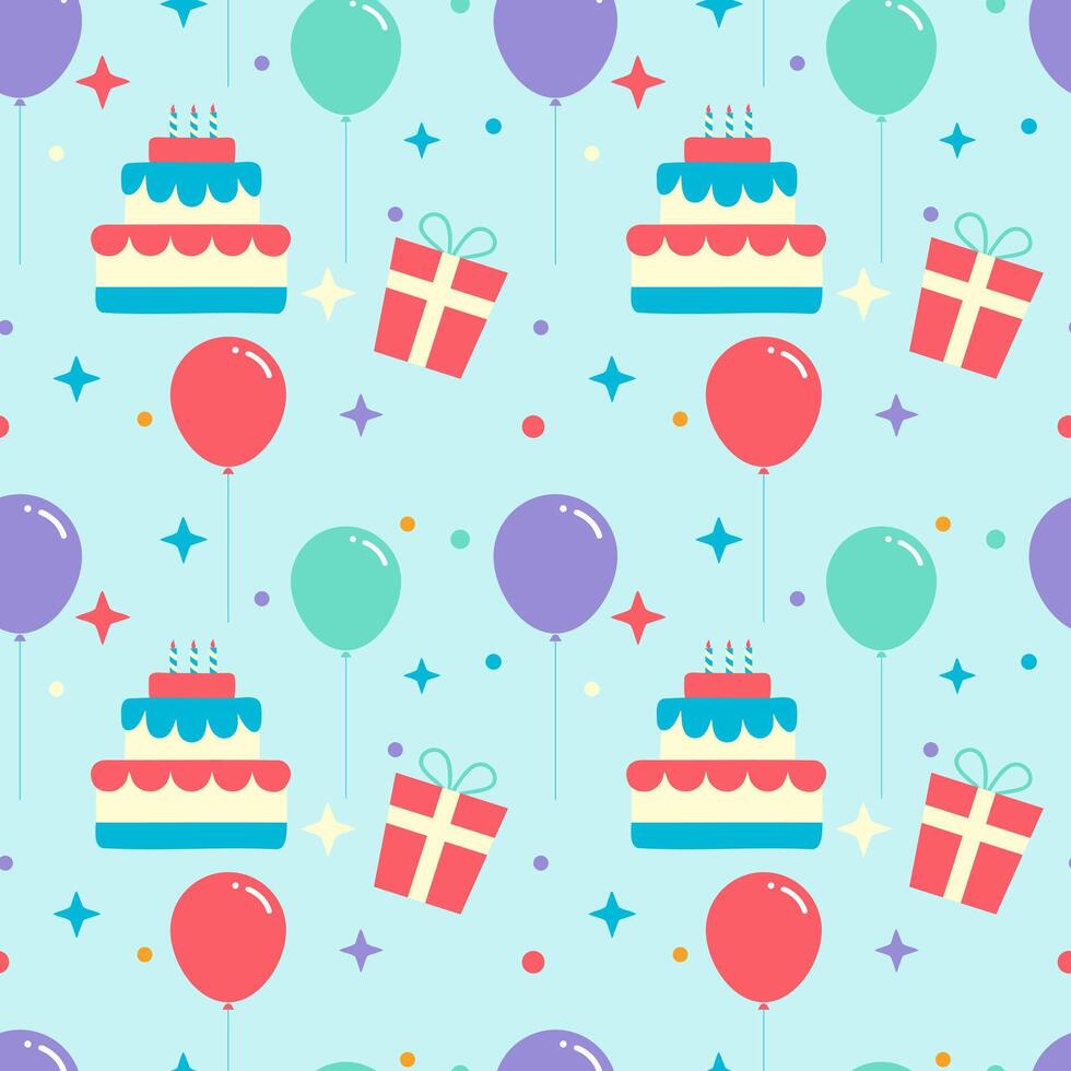 Birthday cute seamless pattern. holiday pattern with holiday decorations balloons, boxes with gifts and cake. On blue background. vector