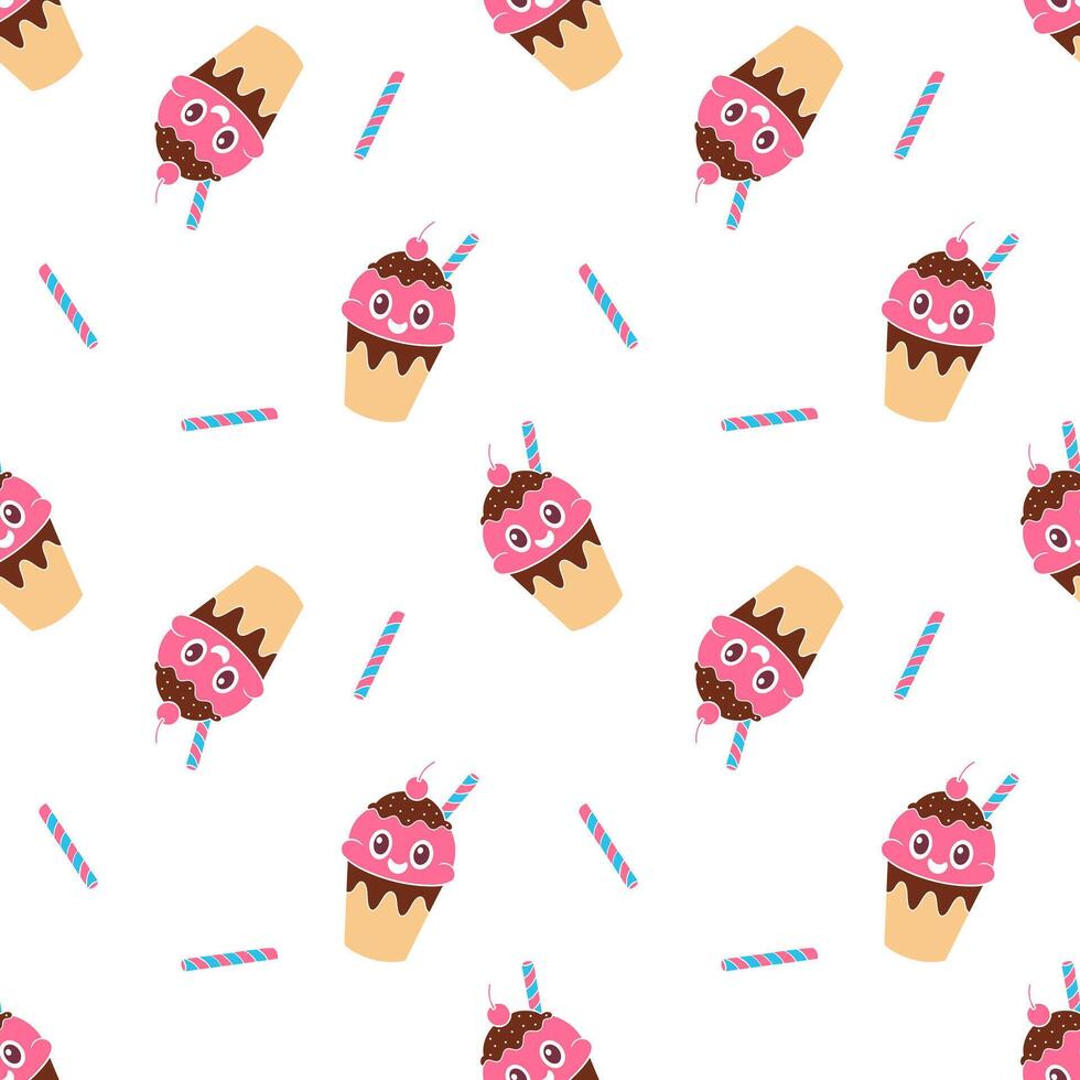 Pattern with cartoon Ice cream with chocolate, design of summer elements, fun ice cream with cocktail straw, on white background. vector