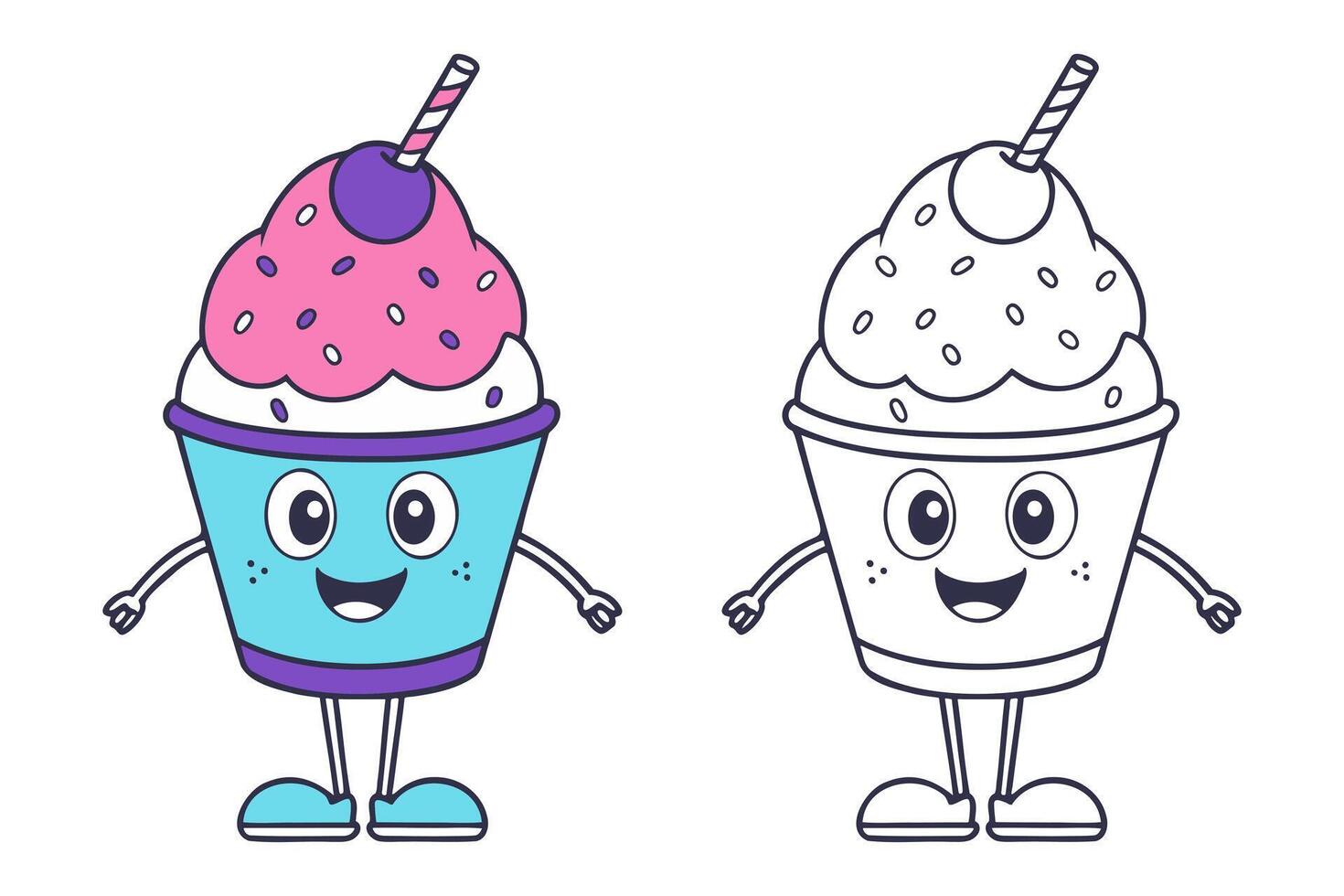 Cartoon Ice cream set icon logo, summer elements design, fun ice cream in paper cup with berry and sprinkles with straw, isolated on white background. vector
