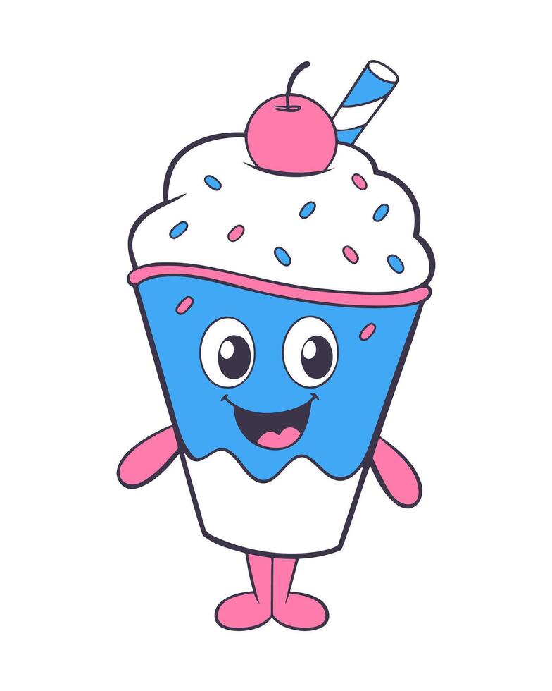 Cartoon Ice cream icon logo, summer elements design, fun ice cream in paper cup with berry and sprinkles with straw, isolated on white background. vector