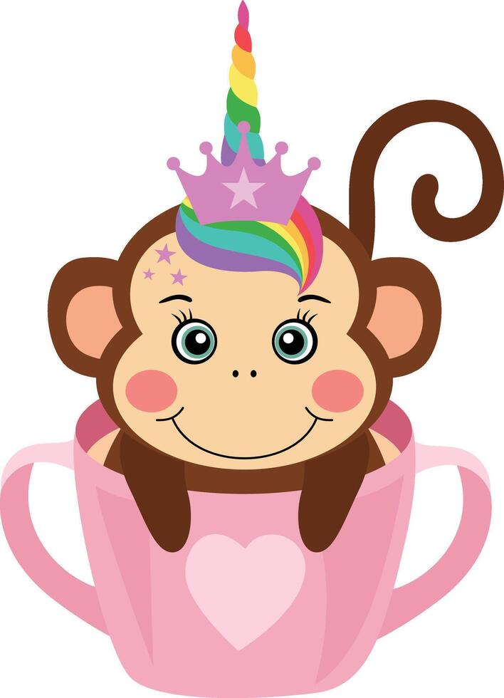 Cute unicorn monkey in pink cup vector