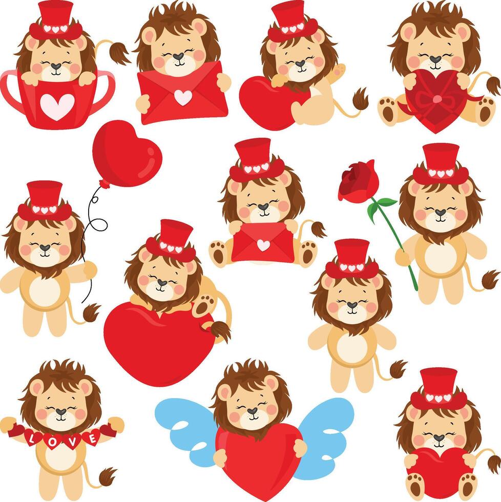 Set of valentines day cute lion vector