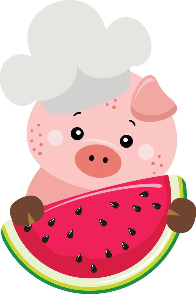 Pig cook holding slice of fresh watermelon vector