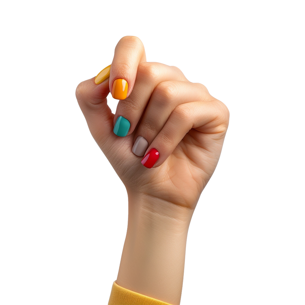 Female hand with colored nails raised hand isolated on transparent background png