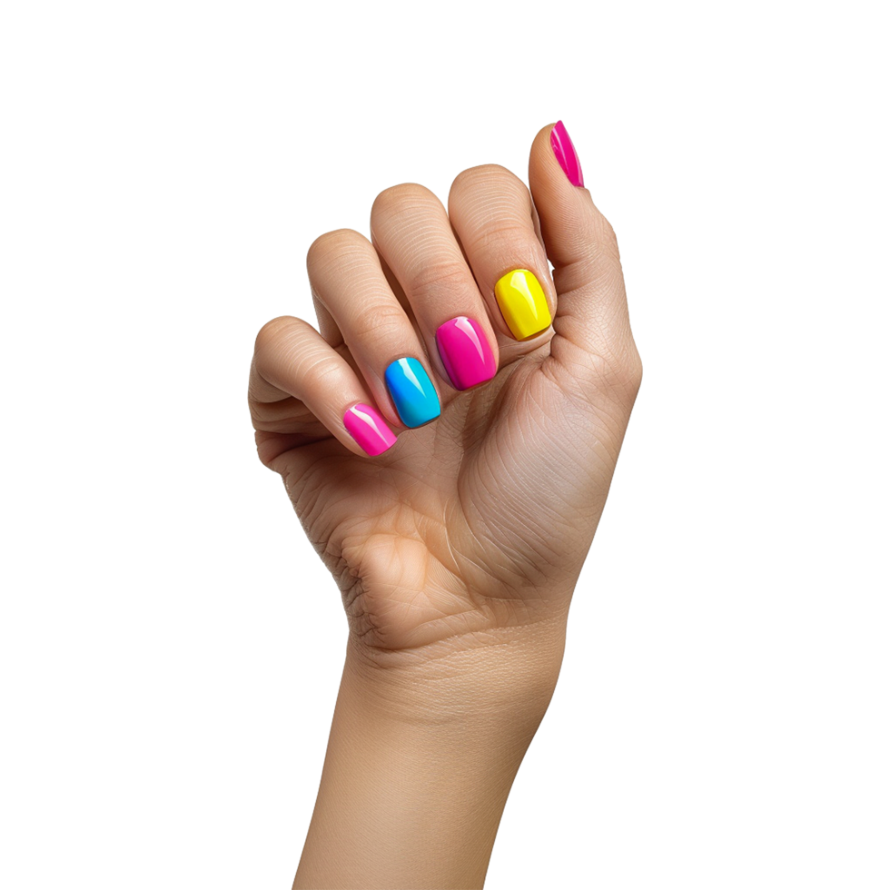 Female hand with colored nails raised hand isolated on transparent background png