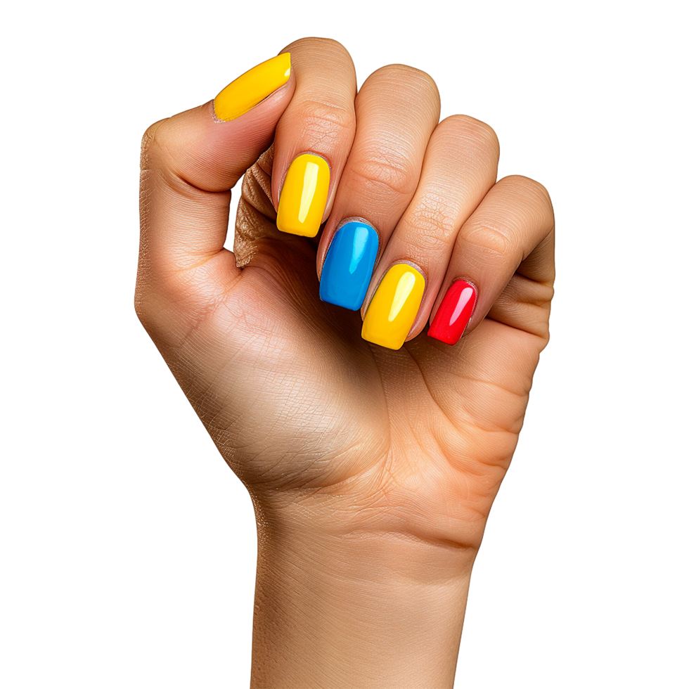 Female hand with colored nails raised hand isolated on transparent background png