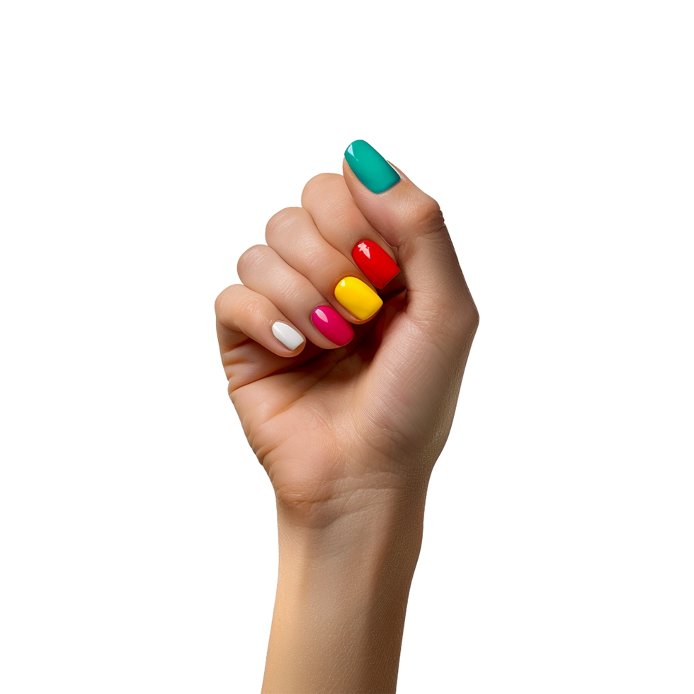 Female hand with colored nails raised hand isolated on transparent background png