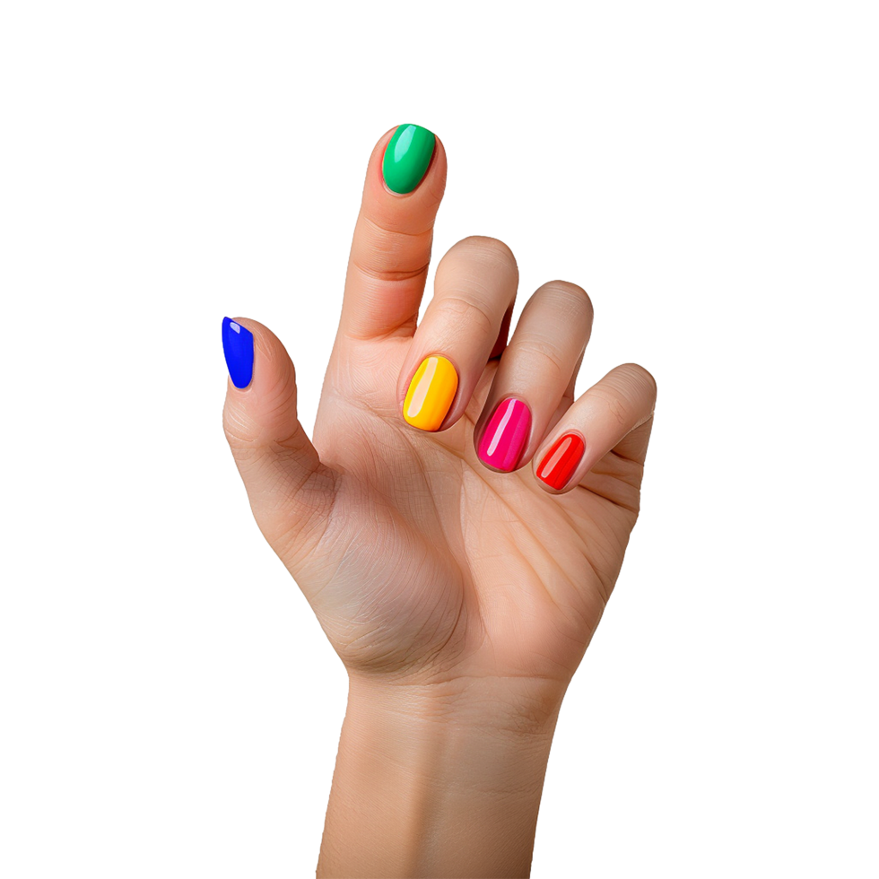 Female hand with colored nails raised hand isolated on transparent background png