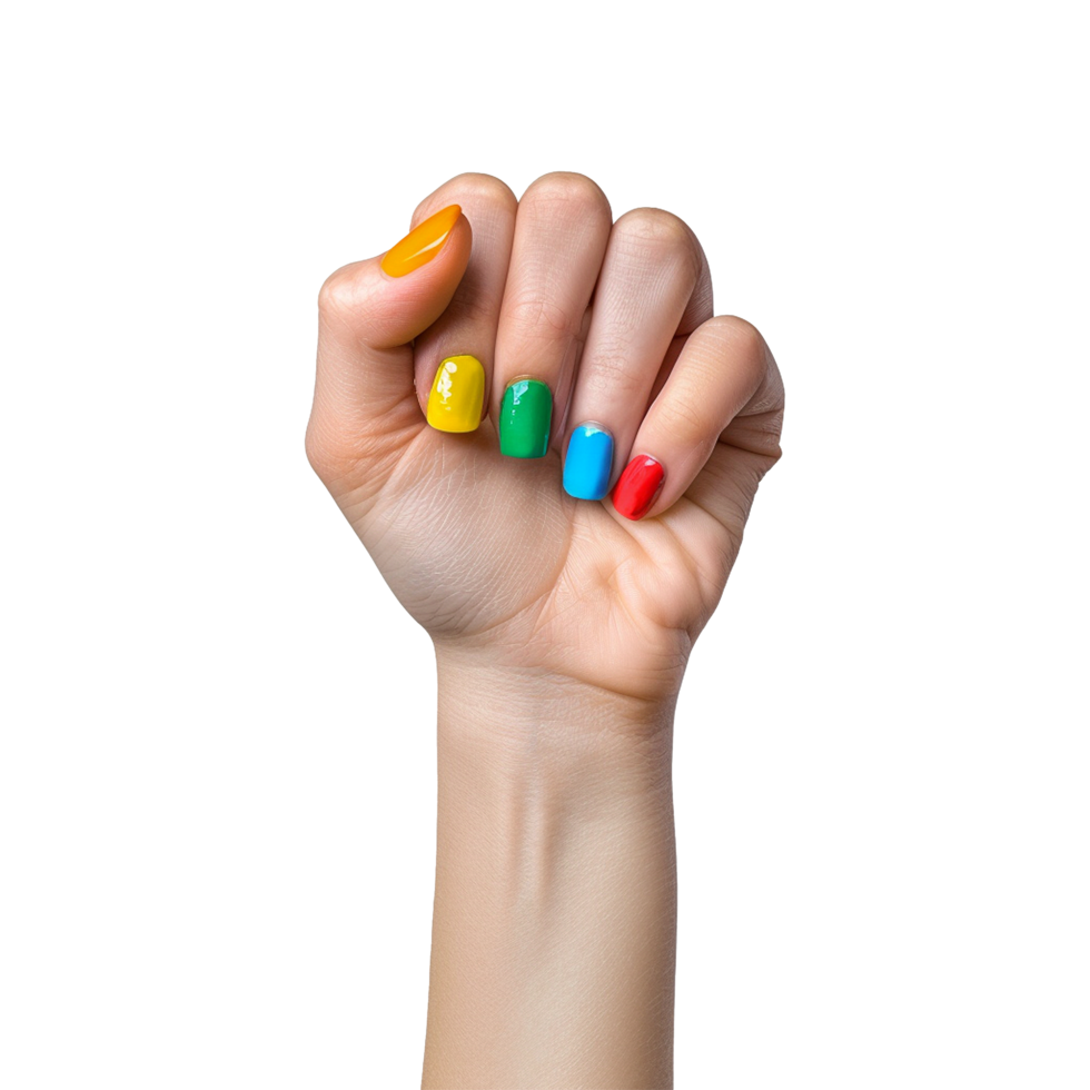 Female hand with colored nails raised hand isolated on transparent background png