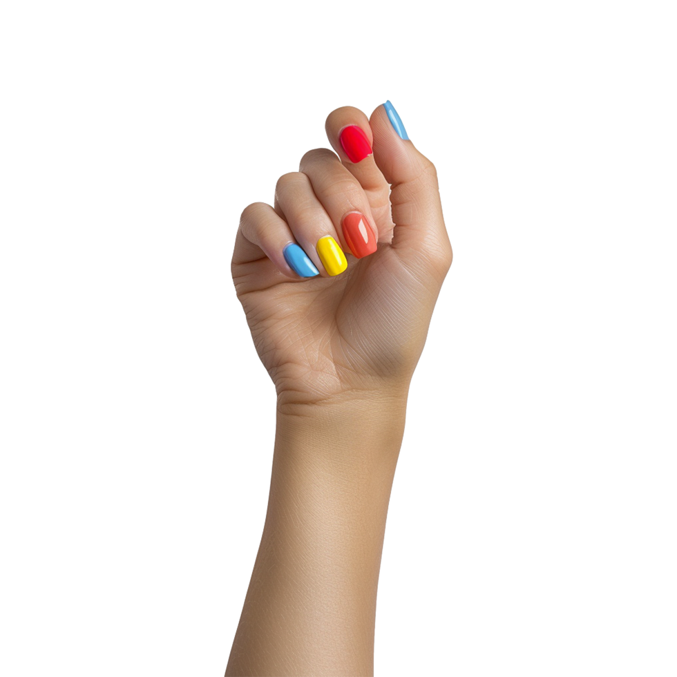 Female hand with colored nails raised hand isolated on transparent background png