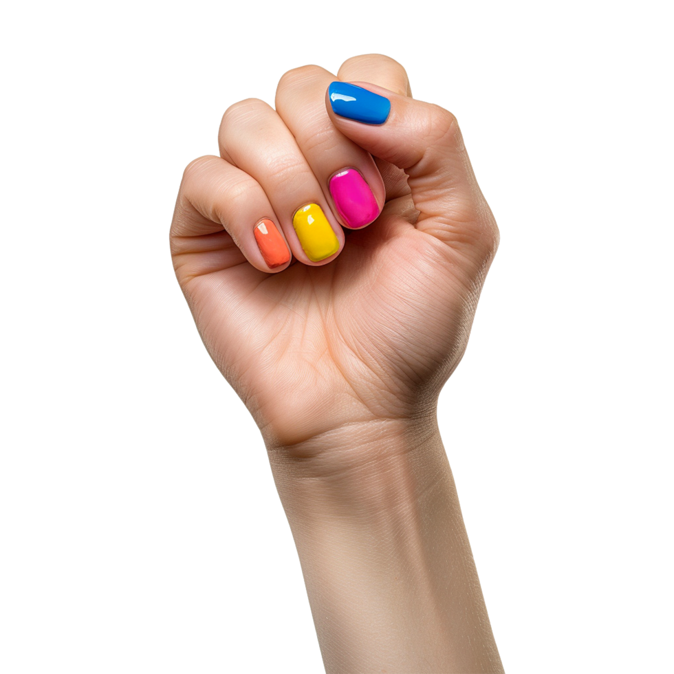 Female hand with colored nails raised hand isolated on transparent background png