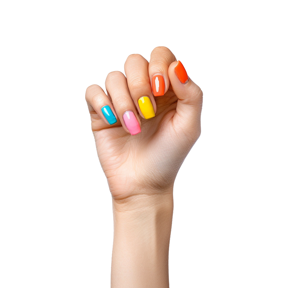 Female hand with colored nails raised hand isolated on transparent background png