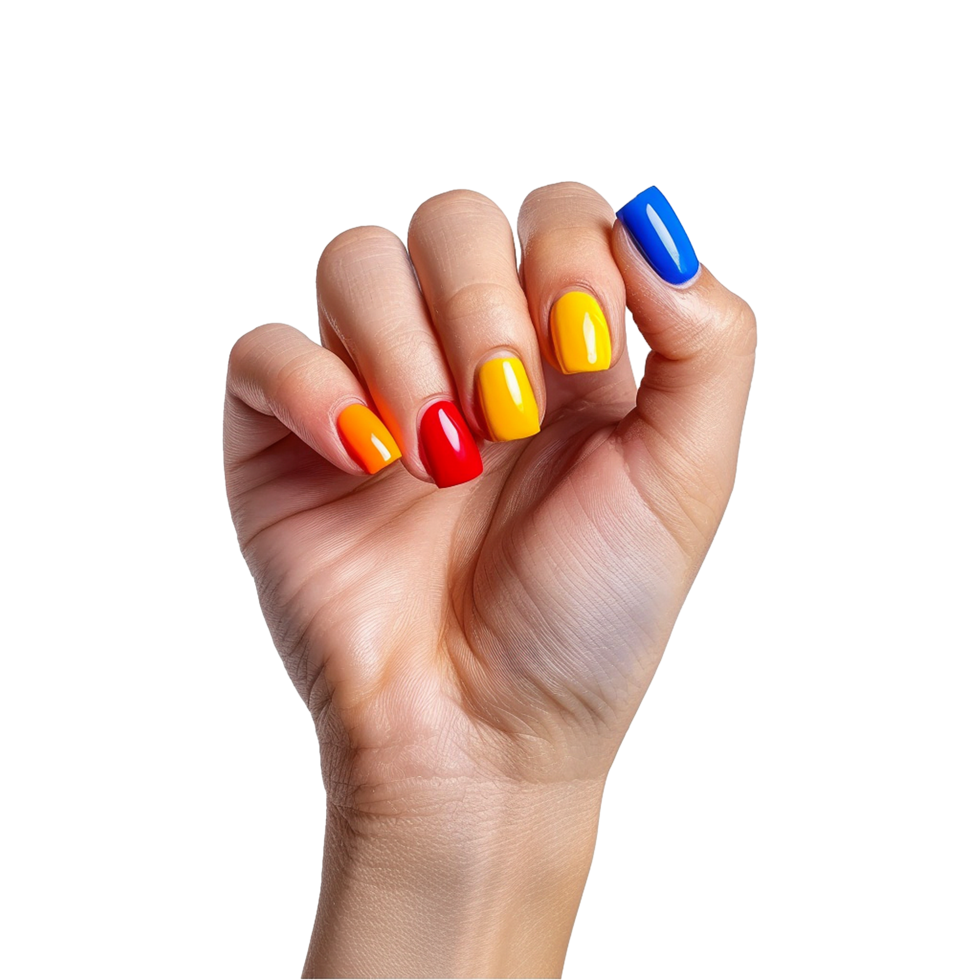 Female hand with colored nails raised hand isolated on transparent background png