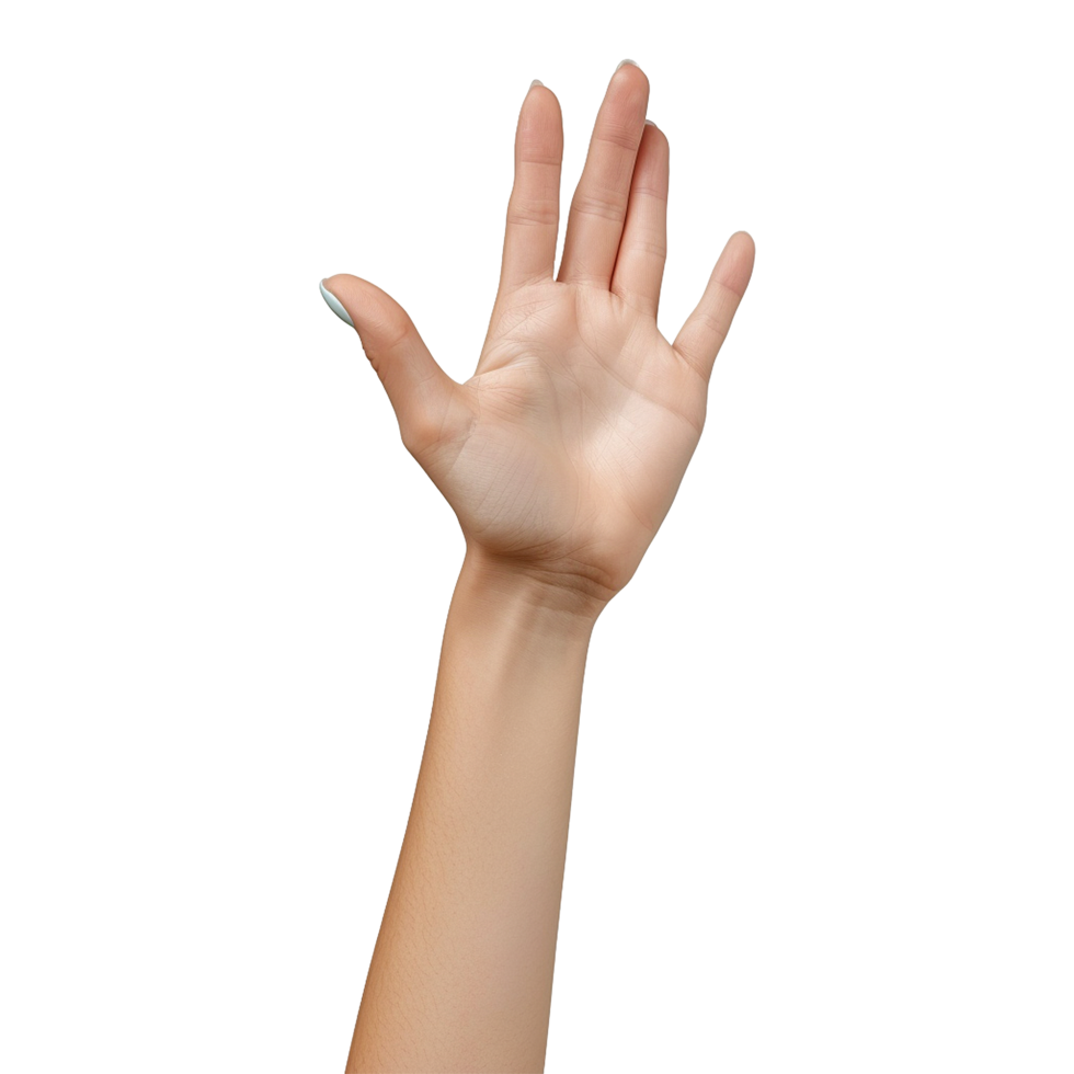 Female hand with colored nails raised hand isolated on transparent background png